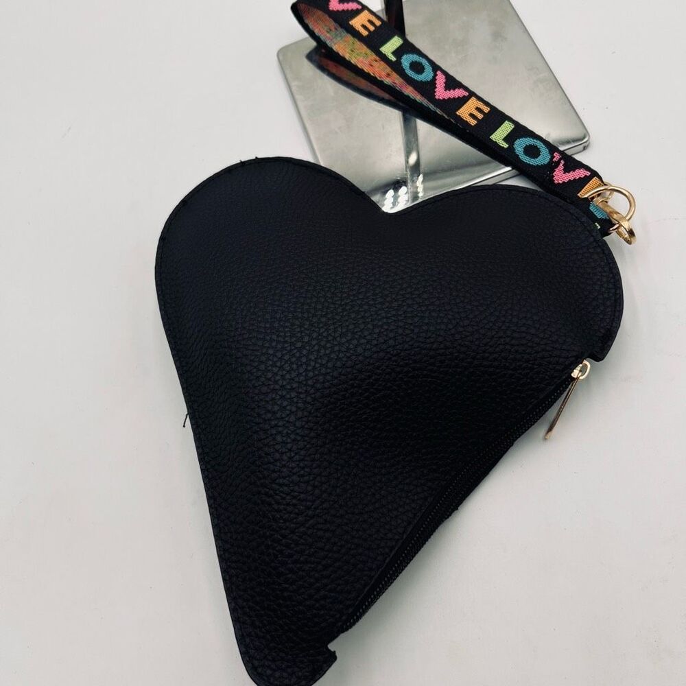 Faux Leather Black Heart Love Strap Wristlet